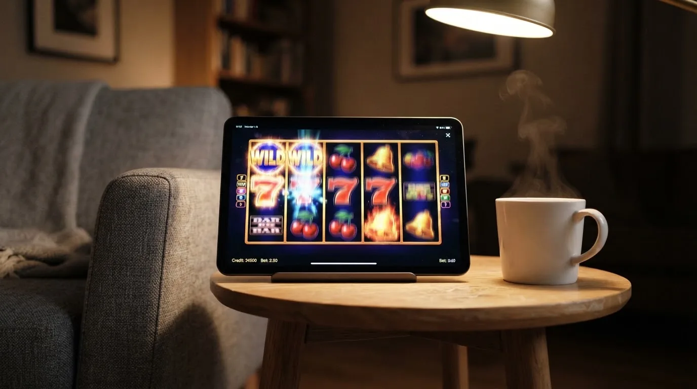 Tablet z automatem pięciobębnowym w trakcie darmowego obrotu, obok kubek kawy na stoliku