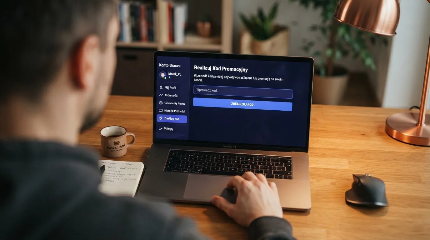 Ekran laptopa z rozwiniętym menu konta gracza i podświetloną zakładką z polem na kod