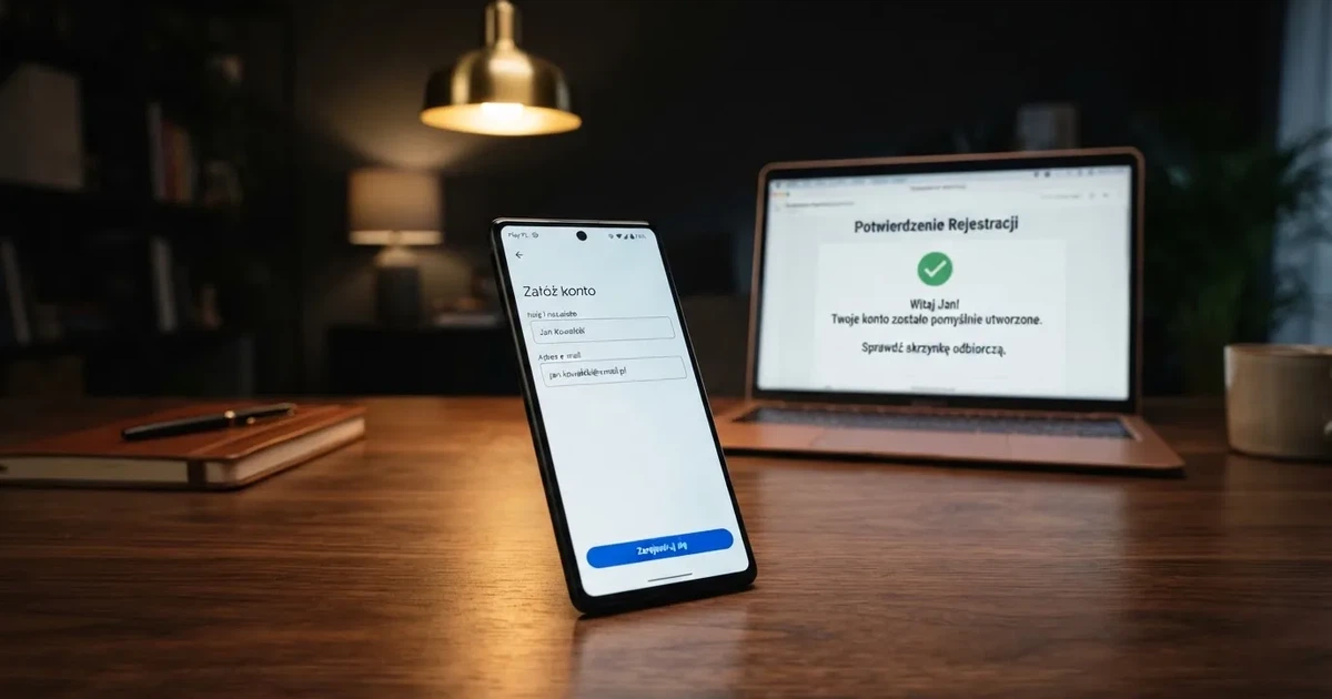 Smartfon z otwartym formularzem zakładania konta w kasynie internetowym, obok potwierdzający e-mail na ekranie laptopa