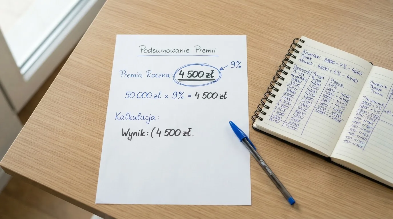 Kartka z rozpisaną kwotą bonusu i procentem obok kalkulatora na biurku